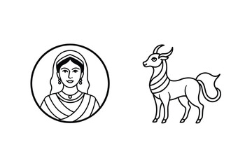 Ancient Indian Woman And Mythical Animal Vector Line Art Illustrations