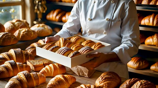 Baker placing warm croissants in box with shelves of fresh bread in rustic bakery