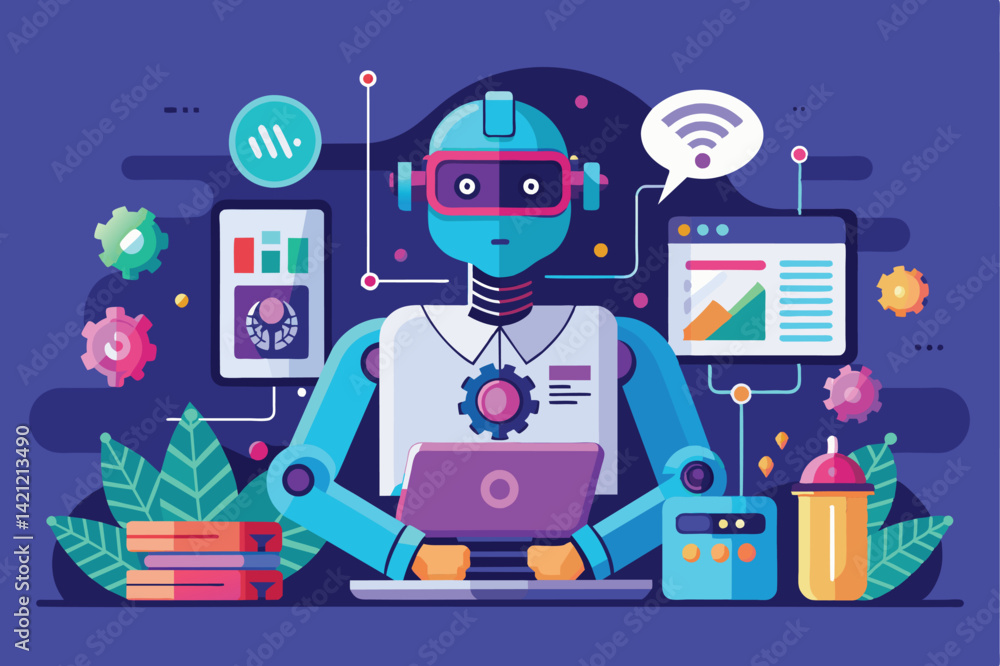 Poster illustration of a futuristic robot at a desk, surrounded by technology, symbolizing innovation and d