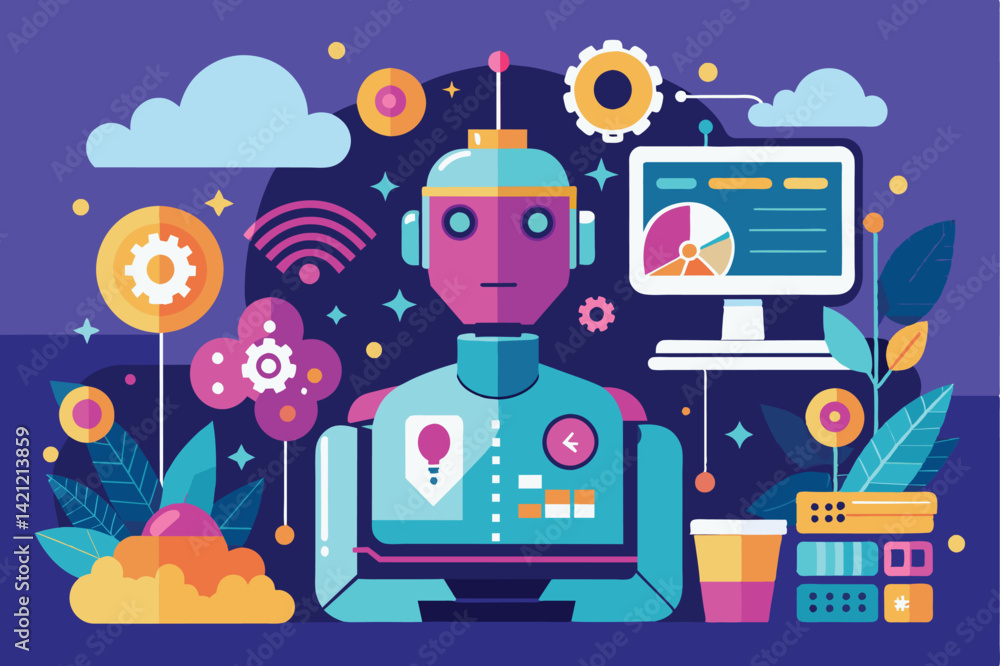 Poster a vibrant illustration featuring a robot surrounded by technology and nature elements, symbolizing i