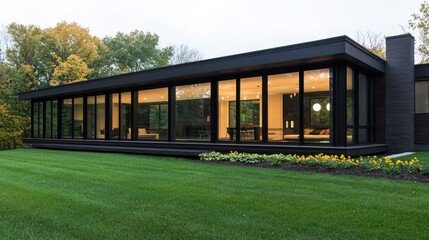 Obraz premium Modern black house with large windows surrounded by green lawn and trees in autumn setting