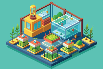 Obraz premium Isometric illustration of a futuristic aquaponics greenhouse featuring various plants, fish tanks, and sustainable design elements in vibrant colors.