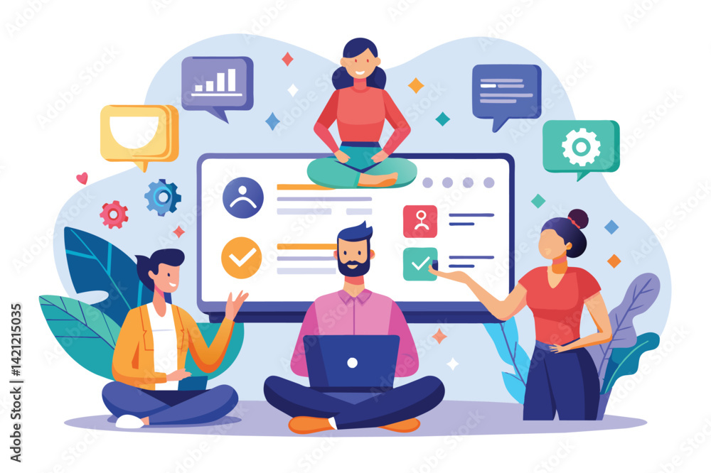 Aufkleber illustration of a diverse team collaborating in a digital meeting. team members engage in discussion