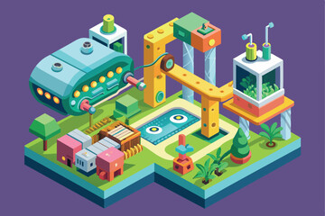 Obraz premium A vibrant isometric illustration of a futuristic factory with a greenhouse. Featuring machinery, greenery, and modern architecture against a purple background.