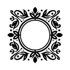 Elegant Black Floral Frame, Vector Graphic, Blank Circle Center, Decorative Design