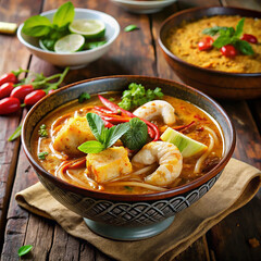 Delicious Spicy Laksa Noodle Soup with Shrimp and Fish Cakes