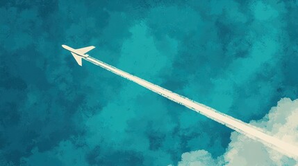 Fototapeta premium Plane Flying High Above Clouds with Contrails in Blue Sky and Artistic Texture Background