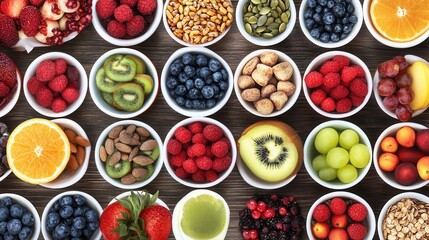 Naklejka premium Variety of fresh fruits and vegetables in small bowls