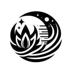 Abstract Black & White Lotus Moon Logo, Zen, Cosmic Design