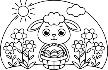 Cartoon Lamb Holding Easter Eggs Basket with Flowers, Sun and Cloud Outline Drawing