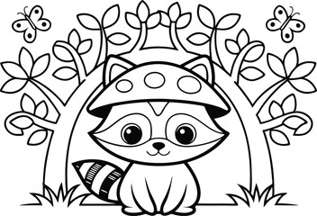 Cute Raccoon with Mushroom Hat Sitting Amid Trees and Butterflies Outline Style