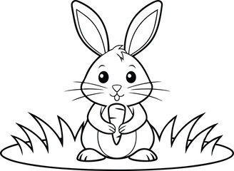 Outlined Rabbit Sitting Holding Carrot in Grass on White Background