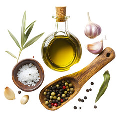 Olive Oil Herbs Spices Garlic Salt Cooking Ingredients on white background