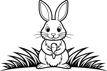 Cartoon Rabbit Outline with Carrot on Grass Illustration, Animal Art