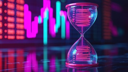 Colorful Hourglass on Background with Financial Charts and Data Visualizations in Bold Neon Colors