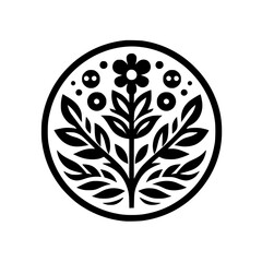 Black & White Floral Emblem, Folk Art Style, Circular Design