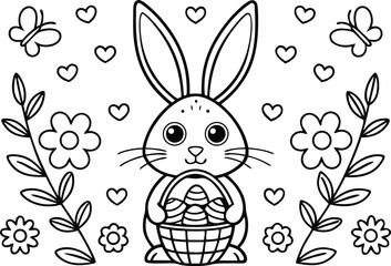 Obraz premium Outlined Rabbit with Basket of Eggs Surrounded by Hearts and Flowers on White