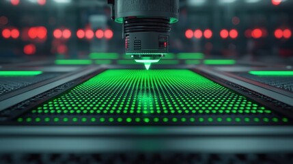 High-Precision Laser Cutting Machine Engraving Green Pattern on Metallic Surface in Modern Workshop Environment