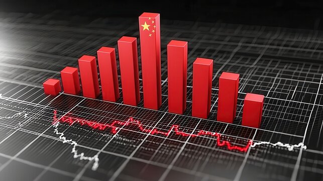 Global economy China stock market impact Red bar graph with a Chinese flag, depicting data trends visually.