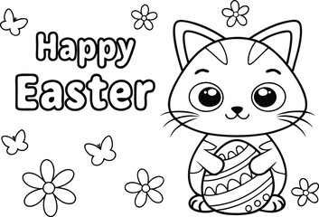 Happy Easter Text with Cat Holding Decorated Egg amid Flowers and Butterflies Outlines