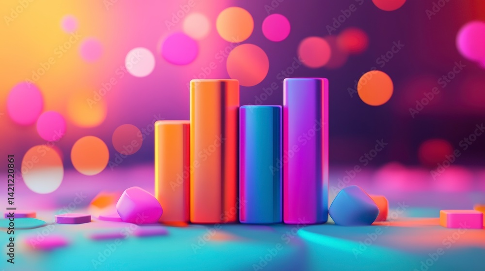 Poster colorful 3d bar chart graph showing growth and success, illuminated by bokeh lights.