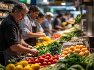 group of senior friends shopping in the market, healthy food, original photoset