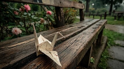 Fototapeta premium Origami Crane on a Weathered Wooden Bench in a Garden