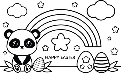 Line art panda with eggs, rainbow, clouds, and stars on a transparent background