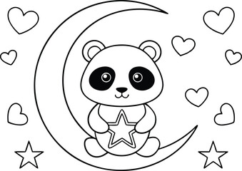 Cartoon Panda Hugging Star on Moon Surrounded by Hearts Black and White Line Art