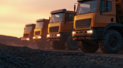 Obraz premium Heavy construction trucks in a row during sunset, showcasing industrial machinery and rugged terrain