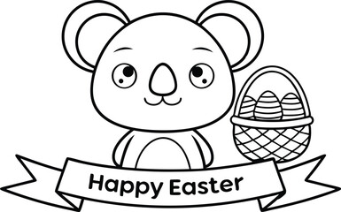 Cute Koala Holding Easter Basket with Eggs and Happy Easter Ribbon on White