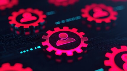 Digital Automation Concept with Red Gears and User Icons on Neon Background for Technology and Business Applications