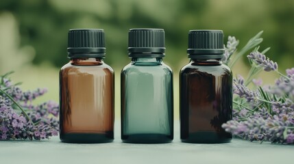 Aromatherapy Essential Oil Bottles Surrounded by Lavender Flowers for Relaxation and Natural Wellness