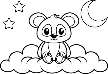 Line art panda bear sitting on cloud with moon and stars on white background