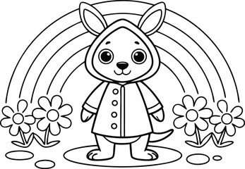 Line Art Bunny Wearing Jacket with Flowers and Rainbow on Transparent Background