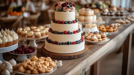 Elegant dessert table featuring a three-tiered cake adorned with flowers and berries, surrounded by assorted pastries