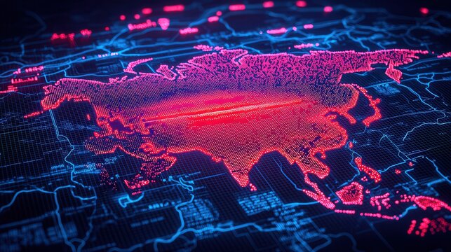Global economy China stock market impact Digital map with bright dots and lines representing a city network.