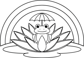 Cartoon Frog with Umbrella Sitting on Lotus Flower Under a Rainbow Outline Design