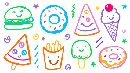  Crayon doodles of fun food items like burger, pizza, fries, ice cream, and donuts, Food doodle vector pack, Hand-drawn snack icons, Fun food sketches, Crayon food elements