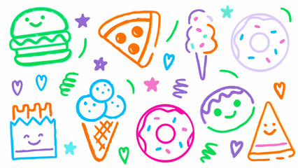  Crayon doodles of fun food items like burger, pizza, fries, ice cream, and donuts, Food doodle vector pack, Hand-drawn snack icons, Fun food sketches, Crayon food elements