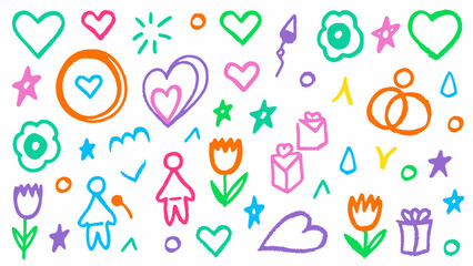  Love doodle icon set, Romantic hand-drawn vector, Crayon style love symbols, Couple and heart sketches,  Cute love doodles like hearts, couples, rings, roses, and hugs in hand-drawn crayon style