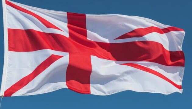 The St George's Cross, a part of the Union Jack, waves in the wind, representing the national flag of England against a bright sky.