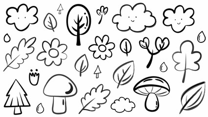 Nature doodle vector set, Hand-drawn nature icons, Botanical sketch elements, Forest and flower doodles,  Playful doodle-style nature icons like leaves, flowers, trees, mushrooms, and clouds
