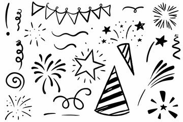 Celebration doodle icons, Party sketch vector set, Festive hand-drawn elements, Marker celebration symbols, Hand-drawn marker doodles of celebration symbols like party hats, fireworks, streamers