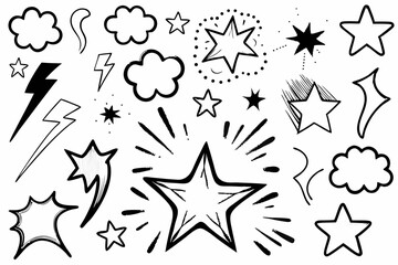 Comic sketch doodle set, Monochrome vector scribbles, Black and white comic elements, Cartoon explosion icons