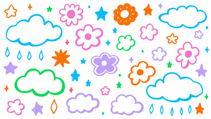 Kids doodle vector collection, Crayon art brush set, Childish hand-drawn icons, Cute vector elements pack, Cute colorful hand-drawn kid-style brush elements including clouds, stars, and flowers