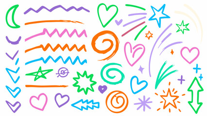 Neon highlighter doodle set, Glowing marker scribble vector, Hand-drawn neon elements, Bright sketch symbols vector,  Neon highlighter-style arrows, hearts, stars, and lines on dark background