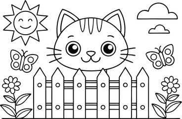Cartoon with Cat, Sun, Butterflies, Flowers, Clouds, and Fence Line Art