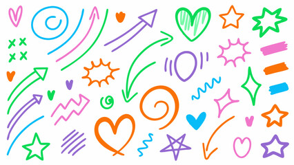 Doodle elements vector set, Hand-drawn shapes collection, Colorful scribble design elements, Marker sketch vector icons, Colorful hand-drawn doodles of arrows, hearts, stars, and crowns