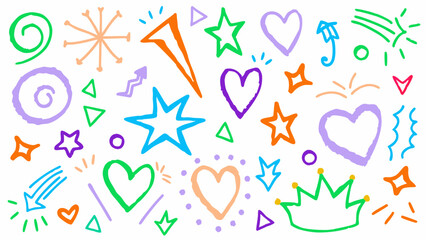 Doodle elements vector set, Hand-drawn shapes collection, Colorful scribble design elements, Marker sketch vector icons, Colorful hand-drawn doodles of arrows, hearts, stars, and crowns